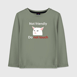 Лонгслив хлопковый детский Not friendly, do not touch, текст с мемным котом, цвет: авокадо