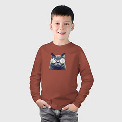Лонгслив хлопковый детский Арт кот в очках принт, цвет: кирпичный — фото 2