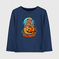 Лонгслив хлопковый детский Halloween - Мишка на тыкве, цвет: тёмно-синий