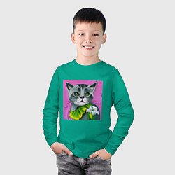 Лонгслив хлопковый детский Зеленоглазое котэ виртуального мира, цвет: зеленый — фото 2