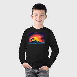 Лонгслив хлопковый детский Пляж и пальмы абстрактный ретро дизайн, цвет: черный — фото 2