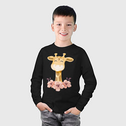 Лонгслив хлопковый детский Милый жираф с цветими, цвет: черный — фото 2