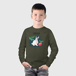 Лонгслив хлопковый детский Новогодний кролик 2023, цвет: меланж-хаки — фото 2