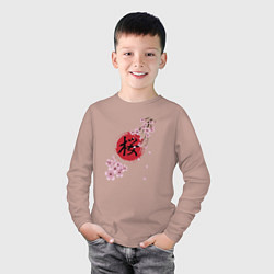 Лонгслив хлопковый детский Цветущая вишня и красный круг с японским иероглифо, цвет: пыльно-розовый — фото 2