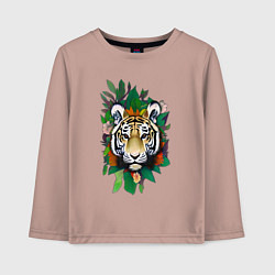 Лонгслив хлопковый детский Голова Тигра среди листьев и цветов, Тигр символ 2, цвет: пыльно-розовый