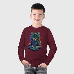 Лонгслив хлопковый детский Кот диджей, цвет: меланж-бордовый — фото 2