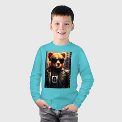 Лонгслив хлопковый детский Медведь рокер, цвет: бирюзовый — фото 2