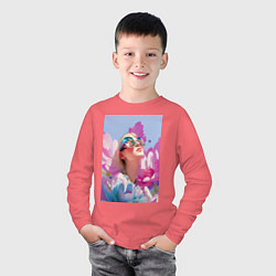 Лонгслив хлопковый детский Весенняя девушка в цветах, цвет: коралловый — фото 2