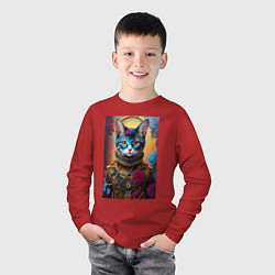 Лонгслив хлопковый детский Cat in a steampunk costume - neural network, цвет: красный — фото 2