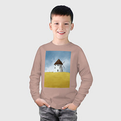 Лонгслив хлопковый детский Ветряная мельница в поле, цвет: пыльно-розовый — фото 2