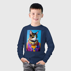 Лонгслив хлопковый детский Кот космонавт в скафандре, цвет: тёмно-синий — фото 2