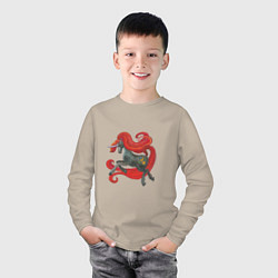 Лонгслив хлопковый детский Серый единорог с красной гривой, цвет: миндальный — фото 2