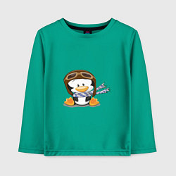 Лонгслив хлопковый детский Пингвин в шапке лётчика, цвет: зеленый