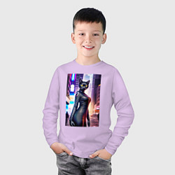 Лонгслив хлопковый детский Кульная чёрная кисуля - Нью-Йорк - нейросеть, цвет: лаванда — фото 2