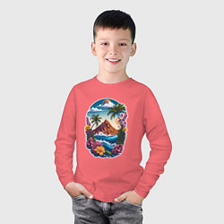 Лонгслив хлопковый детский Горы и море - экзотика, цвет: коралловый — фото 2