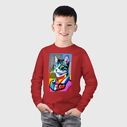 Лонгслив хлопковый детский Стильный кот - поп-арт, цвет: красный — фото 2