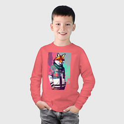 Лонгслив хлопковый детский Крутой лис в модной куртке - нейросеть, цвет: коралловый — фото 2