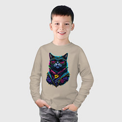Лонгслив хлопковый детский Панк кот в очках, цвет: миндальный — фото 2