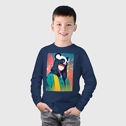 Лонгслив хлопковый детский Девчонка-панда - аниме, цвет: тёмно-синий — фото 2