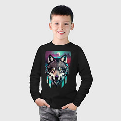 Лонгслив хлопковый детский Морда волка - акварель, цвет: черный — фото 2