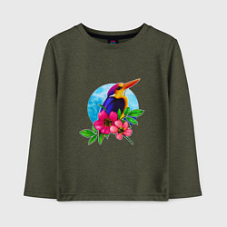 Лонгслив хлопковый детский Тропическая птица в цветах, цвет: меланж-хаки