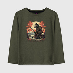 Лонгслив хлопковый детский Японский самурайский кот, цвет: меланж-хаки