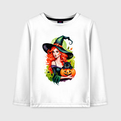 Лонгслив хлопковый детский Рыжая ведьма с тыквой и черным котом, цвет: белый