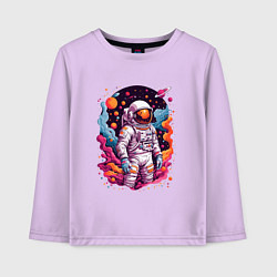 Лонгслив хлопковый детский Космонавт в открытом космосе среди планет, цвет: лаванда