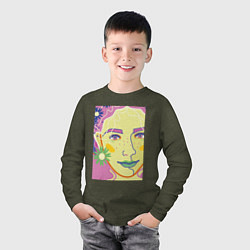 Лонгслив хлопковый детский Женский портрет с полевыми цветами, цвет: меланж-хаки — фото 2