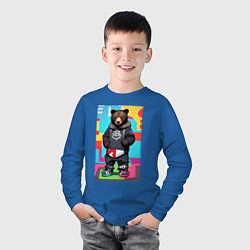 Лонгслив хлопковый детский Прикольный мишутка - поп-арт - нейросеть, цвет: синий — фото 2