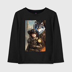 Лонгслив хлопковый детский Крутая девчонка под защитой волка - стимпанк - ней, цвет: черный