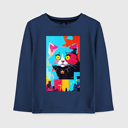 Лонгслив хлопковый детский Изумлённый котёнок - поп-арт - нейросеть, цвет: тёмно-синий