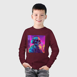 Лонгслив хлопковый детский Скелет в свете неонового города, цвет: меланж-бордовый — фото 2