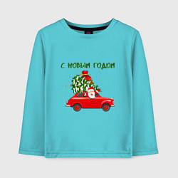 Лонгслив хлопковый детский Дед мороз на машине с ёлкой - с новым годом, цвет: бирюзовый