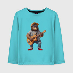 Лонгслив хлопковый детский Брутальный медведь с гитарой, цвет: бирюзовый