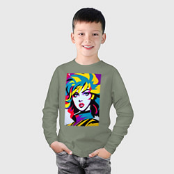 Лонгслив хлопковый детский Крутая девчонка - поп-арт - нейросеть, цвет: авокадо — фото 2