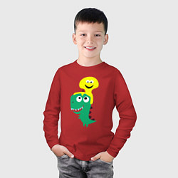 Лонгслив хлопковый детский Детский динозавр со смайликом на голове, цвет: красный — фото 2