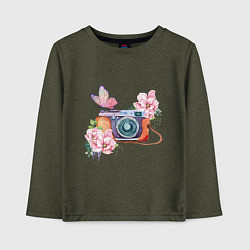 Лонгслив хлопковый детский Фотоаппарат в цветах и бабочки, цвет: меланж-хаки