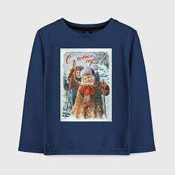 Лонгслив хлопковый детский Два мальчика с лыжными палками, цвет: тёмно-синий