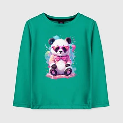 Лонгслив хлопковый детский Милая панда в розовых очках и бантике, цвет: зеленый