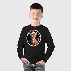 Лонгслив хлопковый детский Кот Абиссинской породы в новогодней шапке, цвет: черный — фото 2