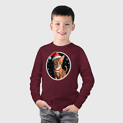Лонгслив хлопковый детский Кот Абиссинской породы в новогодней шапке, цвет: меланж-бордовый — фото 2