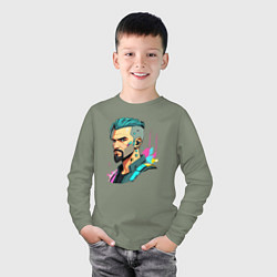 Лонгслив хлопковый детский Портрет мужчины с бородой Cyberpunk 2077, цвет: авокадо — фото 2
