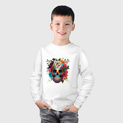 Лонгслив хлопковый детский Череп в ярких цветах, цвет: белый — фото 2