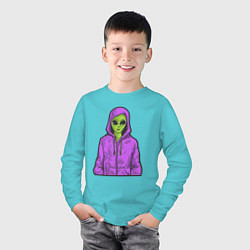 Лонгслив хлопковый детский Инопланетянин в худи, цвет: бирюзовый — фото 2