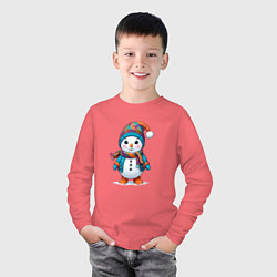 Лонгслив хлопковый детский Снеговик в шапочке и с шарфом, цвет: коралловый — фото 2