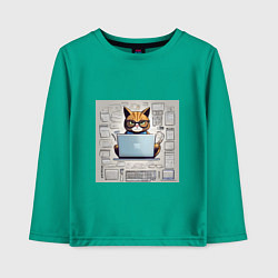 Лонгслив хлопковый детский Кот программист за ноутбуком, цвет: зеленый