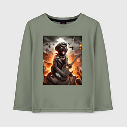 Лонгслив хлопковый детский Чёрный котик играет на гитаре - нейросеть, цвет: авокадо