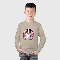 Лонгслив хлопковый детский Колли среди цветов сакуры, цвет: миндальный — фото 2