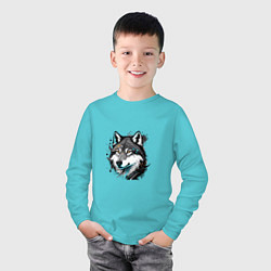 Лонгслив хлопковый детский Портрет волка с брызгами краски, цвет: бирюзовый — фото 2